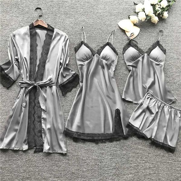women plus size pajamas sets ladies satin sleepwear silk 4 pieces sets nightwear pyjama spaghetti strap lace lounge pijama, Blue;gray
women plus size pajamas sets ladies satin sleepwear silk 4 pieces sets nightwear pyjama spaghetti strap lace lounge pijama, Blue;gray
