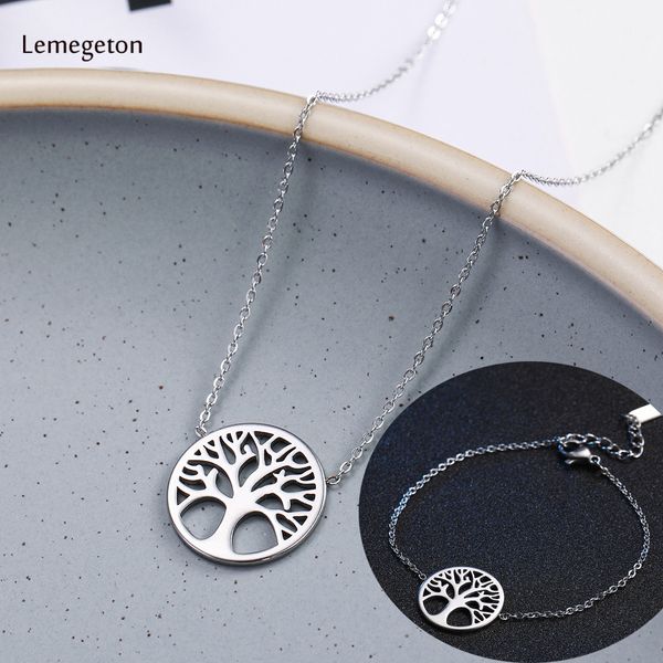 

lemegeton stainless steel sets tree of life necklace bracelet living tree charms jewelry sets for women chain bracelet necklace, Silver