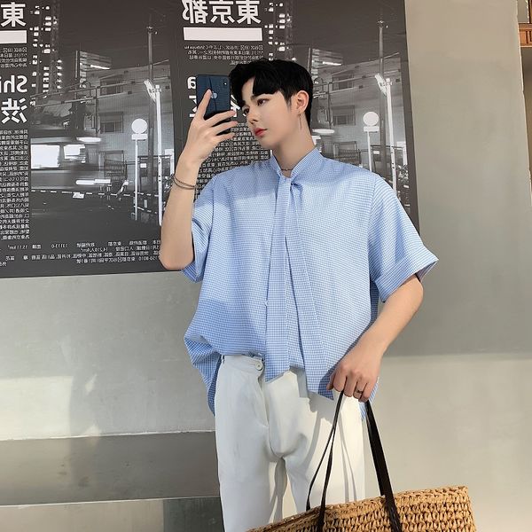men's casual shirts men short sleeve tie bow collar loose plaid shirt male streetwear hip hop party dress, White;black
men's casual shirts men short sleeve tie bow collar loose plaid shirt male streetwear hip hop party dress, White;black