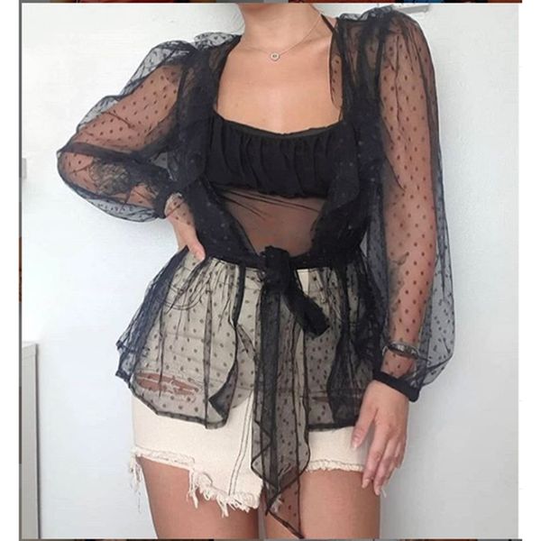 women long puff sleeve sheer mesh deep v neck ruffled wrap polka dot blouse beach swim suit cover up bow knot belted, Blue;gray
women long puff sleeve sheer mesh deep v neck ruffled wrap polka dot blouse beach swim suit cover up bow knot belted, Blue;gray