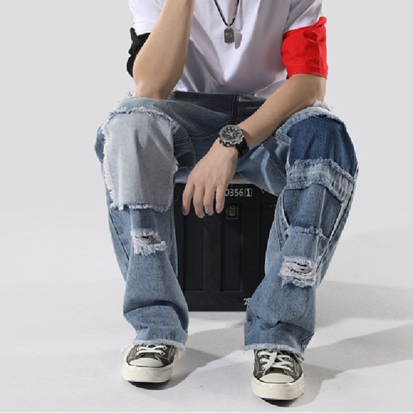 men's jeans ins style man straight loose ripped holes patchwork men jean spring summer hip hop skateboard male denim cool pants, Blue
men's jeans ins style man straight loose ripped holes patchwork men jean spring summer hip hop skateboard male denim cool pants, Blue