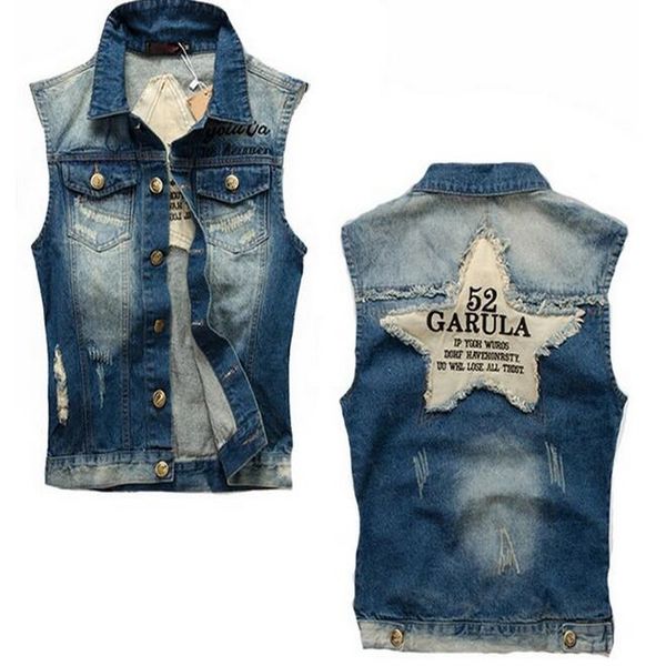 

2019 vintage denim vest male sleeveless ripped jeans jacket male frayed cowboy waistcoat tank star patched designs vest, Black;white