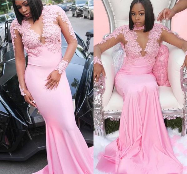 2020 pink mermaid prom dresses long sleeves illusion jewel sheer neck lace applique beaded sweep train black girl formal evening gown
2020 pink mermaid prom dresses long sleeves illusion jewel sheer neck lace applique beaded sweep train black girl formal evening gown