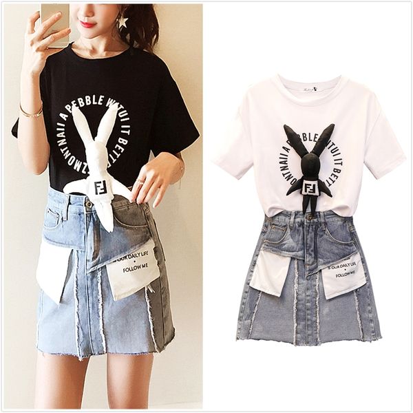 summer women two piece set o neck short sleeve doll appliques t shirt and fashion denim mini skirt 2 piece set women ys081, White;black
summer women two piece set o neck short sleeve doll appliques t shirt and fashion denim mini skirt 2 piece set women ys081, White;black