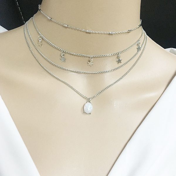 women's necklace europe and america five-pointed star oval pendant multi-layer necklace fashion women jewelry, Silver
women's necklace europe and america five-pointed star oval pendant multi-layer necklace fashion women jewelry, Silver