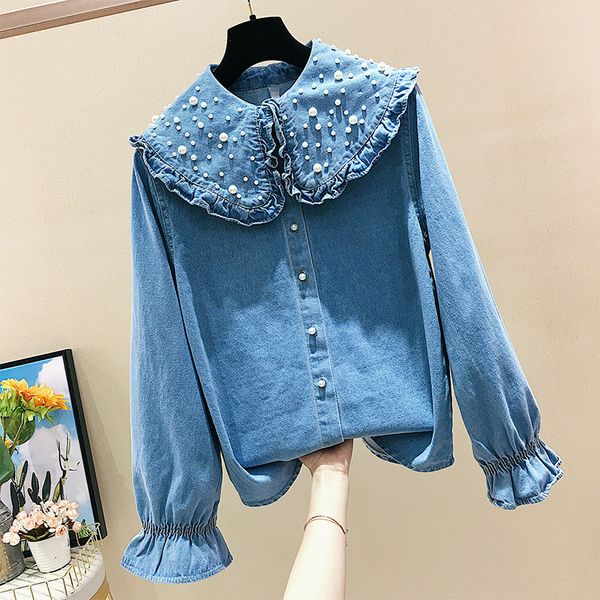 2019 spring women's fashion pearl decoration long-sleeved loose jeans shirt women's blue denim blouse shirt, White
2019 spring women's fashion pearl decoration long-sleeved loose jeans shirt women's blue denim blouse shirt, White