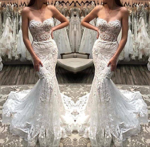 2019 elegant sweetheart neck mermaid wedding dresses lace appliques sweep train bohemia tulle bridal gown bc1056, White
2019 elegant sweetheart neck mermaid wedding dresses lace appliques sweep train bohemia tulle bridal gown bc1056, White