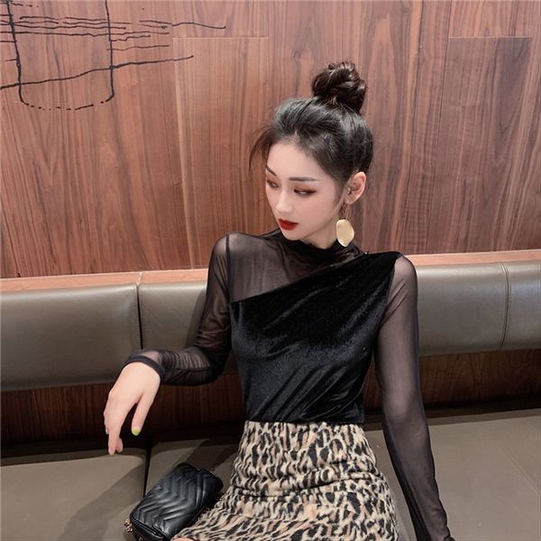 season t- 2020 mesh gold velvet long sleeve black slim base shirt t-shirt women's wear, White
season t- 2020 mesh gold velvet long sleeve black slim base shirt t-shirt women's wear, White