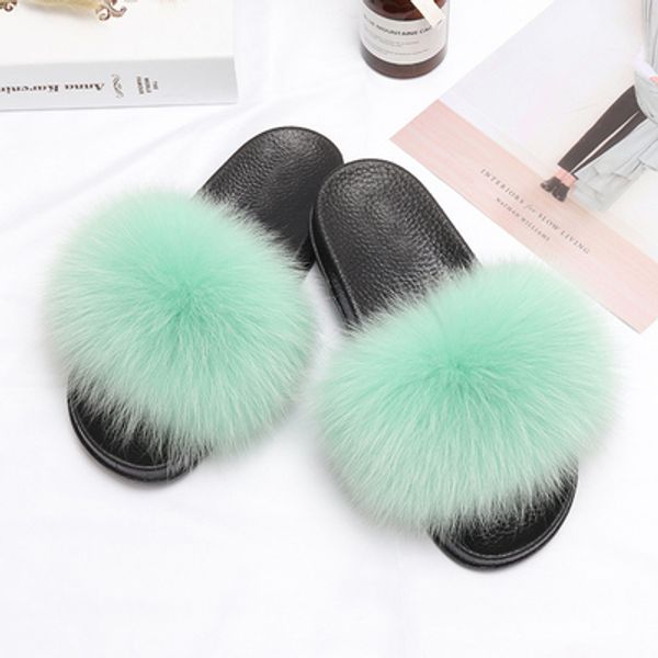 furry fur slides real fur slippers wholesale big fox fur slides, Black