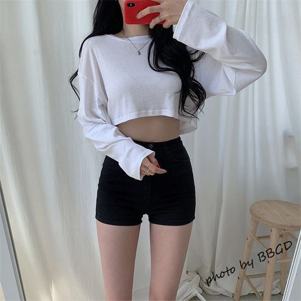 short clothing t-shirt clothing long-sleeved navel-leaking short t-shirt women's loose high-waisted navel-revealing dancing jazz hip-ho, White
short clothing t-shirt clothing long-sleeved navel-leaking short t-shirt women's loose high-waisted navel-revealing dancing jazz hip-ho, White