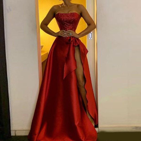 red high thigh split evening dresses a line strapless seuins ruched satin long formal party gowns prom dress, Black;red
red high thigh split evening dresses a line strapless seuins ruched satin long formal party gowns prom dress, Black;red