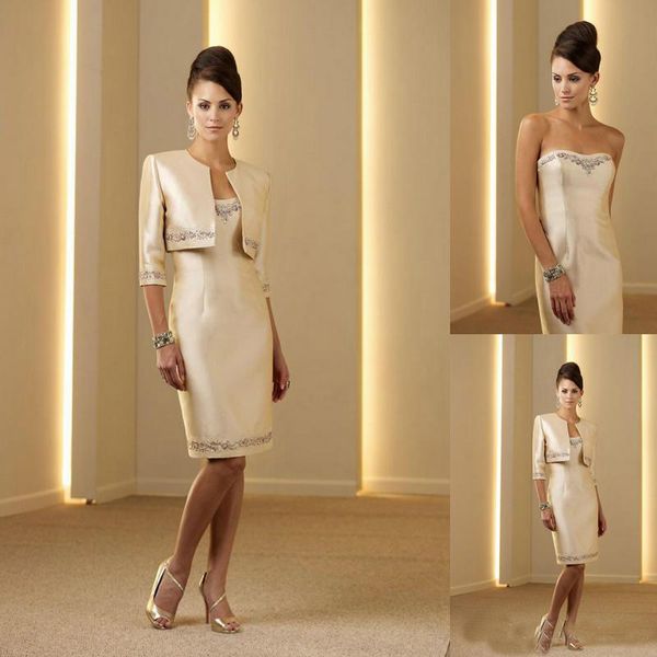 2019 Elegant Knee Length Mother Of The Bride Dresses With Lace Jacket Bateau Neck Flower Wedding Guest Dress Plus Size Sheath Evening Gown