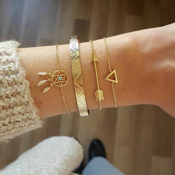 4 pcs / set boho dream catcher leaves triangle arrow gem gold chain open multilayer bracelet set women exquisite jewelry gift, Black
4 pcs / set boho dream catcher leaves triangle arrow gem gold chain open multilayer bracelet set women exquisite jewelry gift, Black