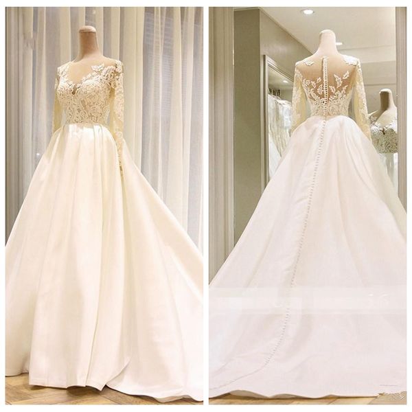 sheer long sleeves lace appliques a-line wedding dresses satin long bridal gowns real ps 2020 modest garden marriage wear for ladies, White
sheer long sleeves lace appliques a-line wedding dresses satin long bridal gowns real ps 2020 modest garden marriage wear for ladies, White