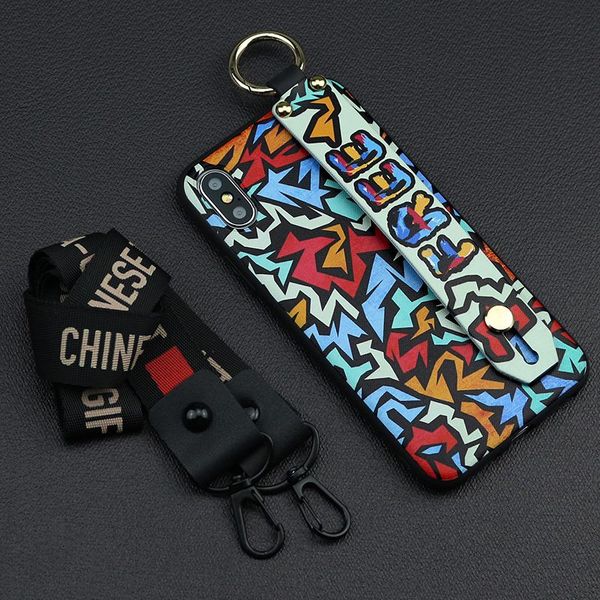 

designer phone case for iphone 6/6s,6p/6sp,7/8,7p/8p x/xs,xr,xsmax fashion graffiti print back cover with lanyard 6 styles wholesale