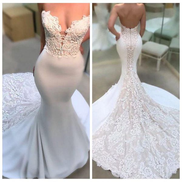 stunning sweetheart wedding dresses satin mermaid backless brush train bridal gown lace appliques abiti da sposa for rehearsal dinner, White
stunning sweetheart wedding dresses satin mermaid backless brush train bridal gown lace appliques abiti da sposa for rehearsal dinner, White