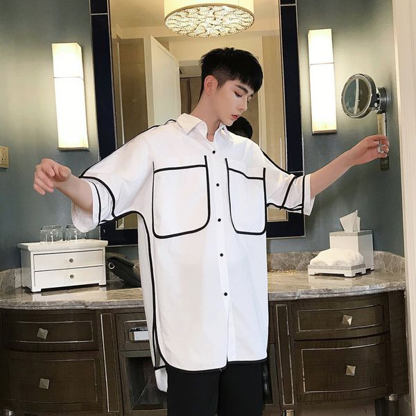 vintage short sleeve trim black line casual white shirt male streetwear hip hop fashion party dress shirts stage show clothes, White;black
vintage short sleeve trim black line casual white shirt male streetwear hip hop fashion party dress shirts stage show clothes, White;black
