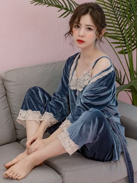 sleep lounge pajama set gold velvet 3 pieses set sleepwear women autumn pyjama femme fashion pajamas for women, Blue;gray
sleep lounge pajama set gold velvet 3 pieses set sleepwear women autumn pyjama femme fashion pajamas for women, Blue;gray