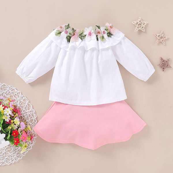 new kids girl clothes sets summer cotton doll collar long sleeve flower embroidery splicing +solid skirts two piece sets#37, White 
new kids girl clothes sets summer cotton doll collar long sleeve flower embroidery splicing +solid skirts two piece sets#37, White