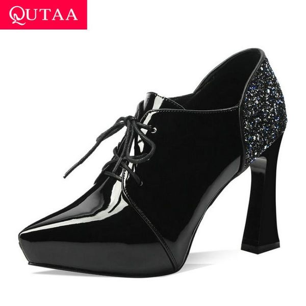 qutaa 2020 hoof high heel lace up ankle boots pu patent leather sequins ladies shoes pointed toe platform women pumps size 34-43, Black
qutaa 2020 hoof high heel lace up ankle boots pu patent leather sequins ladies shoes pointed toe platform women pumps size 34-43, Black