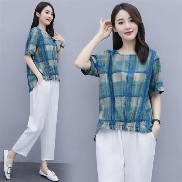 women clothes set summer loose two piece set plaid short sleeve shirt blouse white long pants casual outfits
women clothes set summer loose two piece set plaid short sleeve shirt blouse white long pants casual outfits