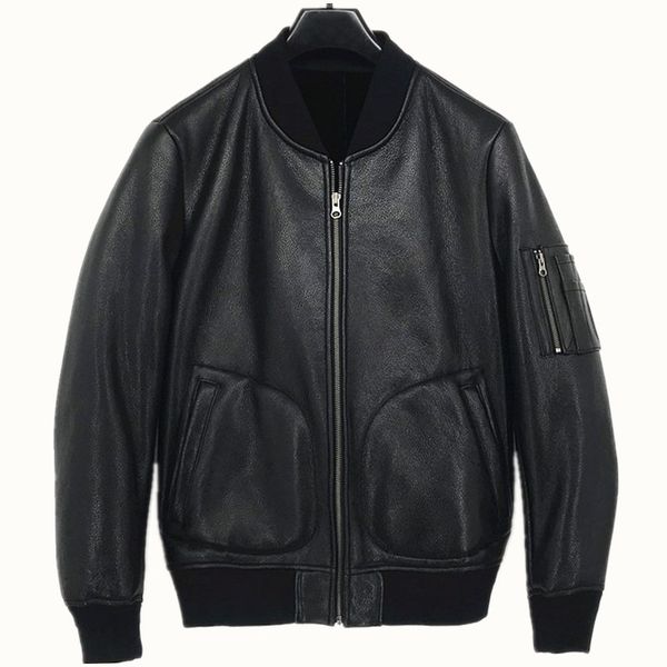 natural sheep fur one classic leather jackets leather man, Black