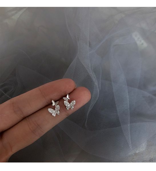 new fashion shiny zircon butterfly stud earrings simple temperament personality small women's earrings, Silver
new fashion shiny zircon butterfly stud earrings simple temperament personality small women's earrings, Silver