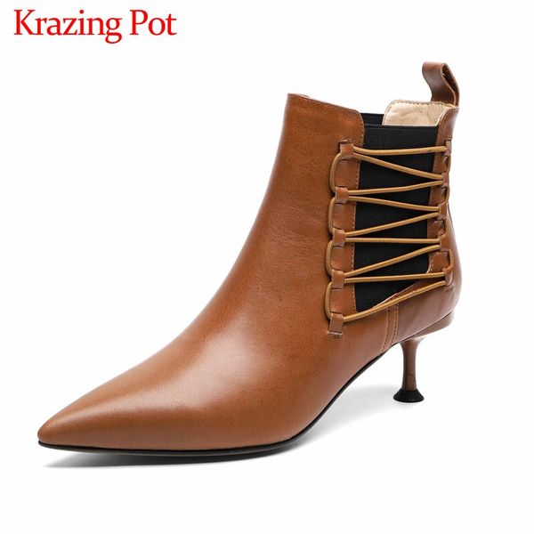 

krazing pot mixed colors lace up pointed toe cow leather boots stiletto high heels winter fashion women ankle boots l25, Black