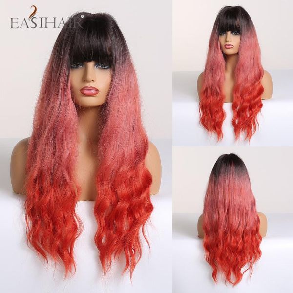 easihair long wavy ombre red wigs with bangs dark root synthetic fashion cosplay fake hair style for african america women, Black
easihair long wavy ombre red wigs with bangs dark root synthetic fashion cosplay fake hair style for african america women, Black