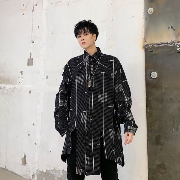 men long sleeve slit loose casual stripe irregular shirt male streetwear hip hop fashion long dress shirt stage costumes, White;black
men long sleeve slit loose casual stripe irregular shirt male streetwear hip hop fashion long dress shirt stage costumes, White;black