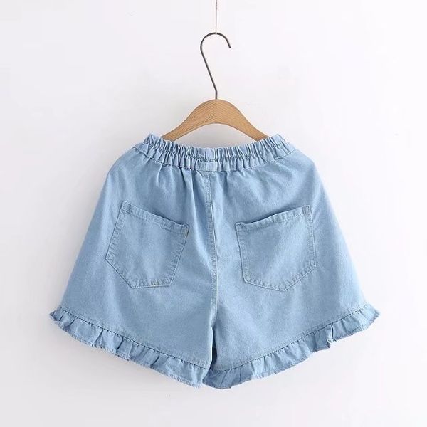 10424 spring and summer new style elastic waist high-waisted loose casual lace solid color denim shorts female students, Blue
10424 spring and summer new style elastic waist high-waisted loose casual lace solid color denim shorts female students, Blue