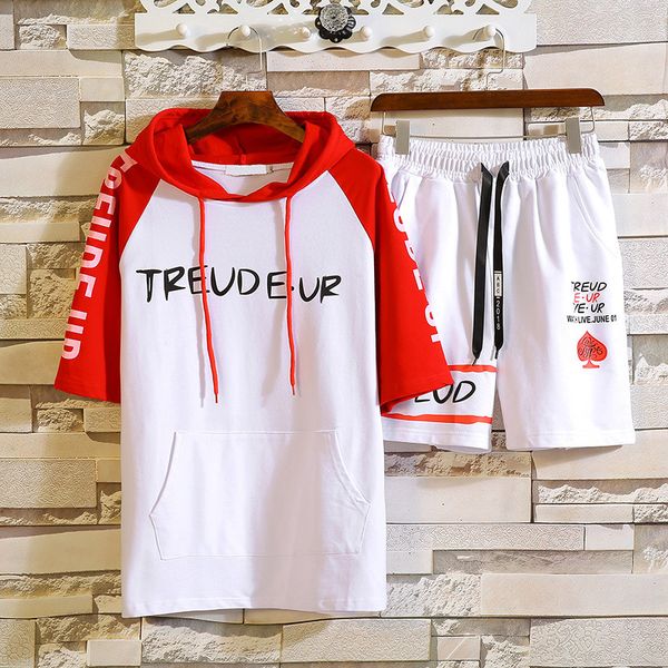 summer men's short-sleeved t-shirt korean-style hooded leisure sports suit new style handsome men's wear trend t007 p, White;black
summer men's short-sleeved t-shirt korean-style hooded leisure sports suit new style handsome men's wear trend t007 p, White;black