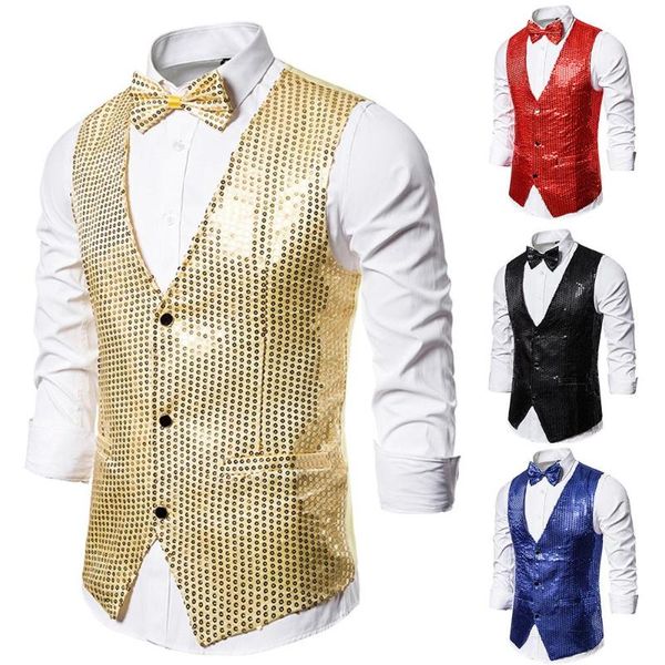 chic men solid color single-breasted sequins bowknot vest back strap waistcoat, Black;white
chic men solid color single-breasted sequins bowknot vest back strap waistcoat, Black;white