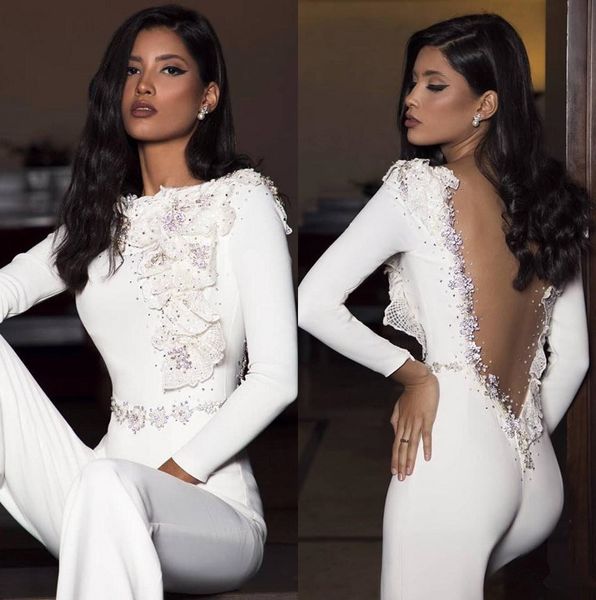 white lace sheath long prom dresses jumpsuit 2020 long sleeve tulle 3d lace applique beaded seen through back formal evening party dresses, Black
white lace sheath long prom dresses jumpsuit 2020 long sleeve tulle 3d lace applique beaded seen through back formal evening party dresses, Black