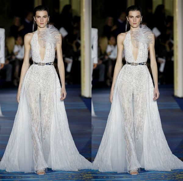 2019 white women jumpsuit with detachable long train deep v neck lace beads illusion evening dress party wear custom made prom gowns, Black;red 
2019 white women jumpsuit with detachable long train deep v neck lace beads illusion evening dress party wear custom made prom gowns, Black;red