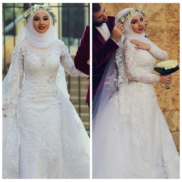2019 arabic muslim long sleeves lace sheath wedding dresses islamic hijab wedding gowns high neck applique bridal gowns with long train, White
2019 arabic muslim long sleeves lace sheath wedding dresses islamic hijab wedding gowns high neck applique bridal gowns with long train, White