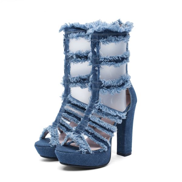high heels women denim summer boots frayed tassel back strap buckle string bead thick high heel shoes, Black
high heels women denim summer boots frayed tassel back strap buckle string bead thick high heel shoes, Black