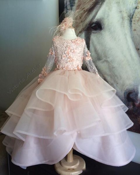 

layered ruffles kids formal wear gowns girls pageant dresses blush pink flower girl dresses long sleeves with hand made flowers