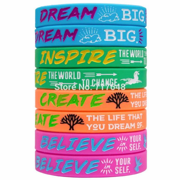 100pcs motivational dream big inspire the world to change wristband silicone bracelets by epacket a, White
100pcs motivational dream big inspire the world to change wristband silicone bracelets by epacket a, White