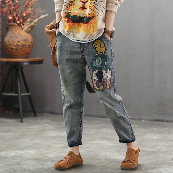 spring jeans retro elastic waist women loose denim pants new ladies pocket pattern casual ripped vintage denim trousers 2019, Blue
spring jeans retro elastic waist women loose denim pants new ladies pocket pattern casual ripped vintage denim trousers 2019, Blue