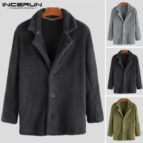 

incerun men jackets long sleeve fleece button outerwear warm coats 2019 faux fur fashion fluffy streetwear winter solid overcoat, Black;brown