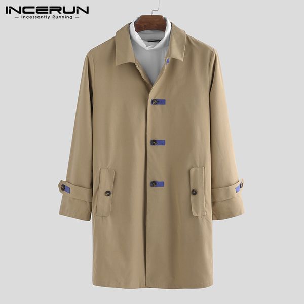 

incerun autumn men solid lapel long sleeve fashion trench coats casual joker streetwear mens single breasted windbreaker jackets, Tan;black