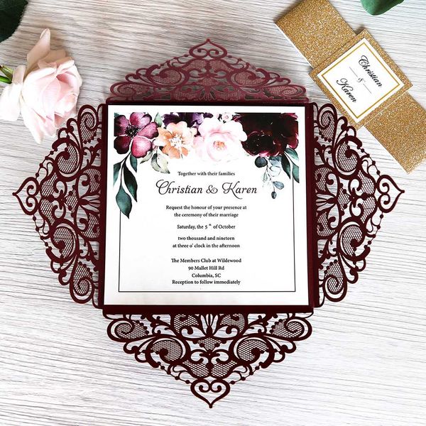 50pcs burgundy wedding invitations square glitter laster cut invitation cards with envelope
50pcs burgundy wedding invitations square glitter laster cut invitation cards with envelope