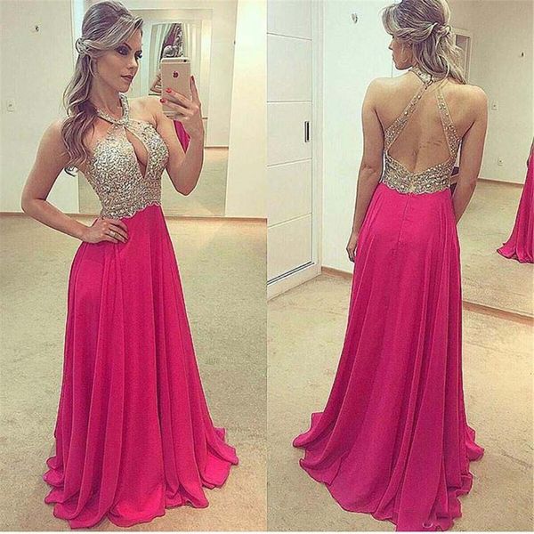 sparkly beaded backless prom dresses long halter a line gowns modest chiffon formal evening dress party wear, Black
sparkly beaded backless prom dresses long halter a line gowns modest chiffon formal evening dress party wear, Black