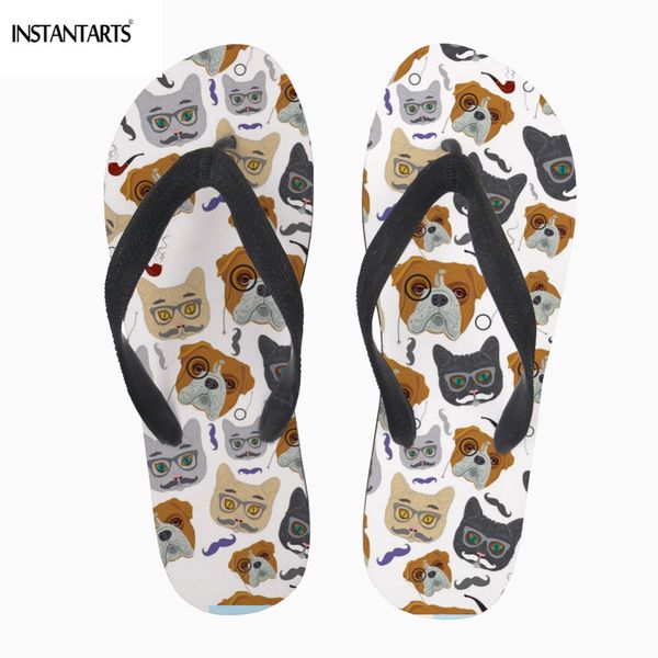 

instantarts cartoon cute bull dog pattern men flip flop summer casual outdoor beach flat shoes fashion brand slippers designer, Black