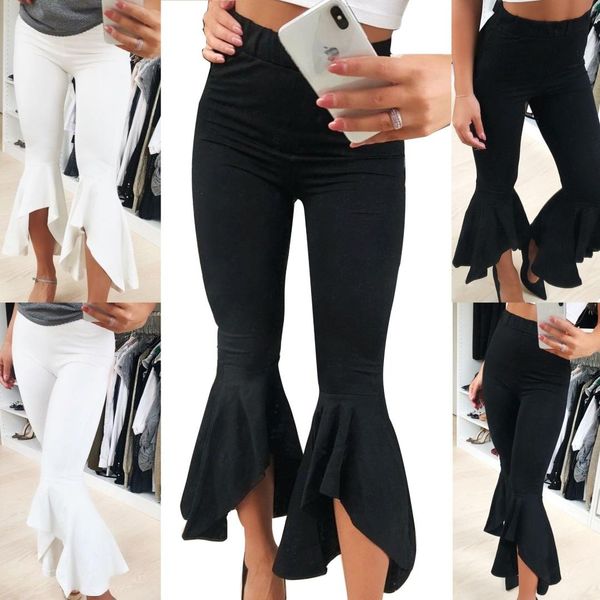 women's 2019 spring and summer explosions solid color elastic waist bag hip lotus leaf fashion slim nine points flared pants, Black;white
women's 2019 spring and summer explosions solid color elastic waist bag hip lotus leaf fashion slim nine points flared pants, Black;white