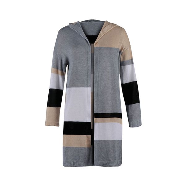 fashion loose sweater multicolor stitching color mid-long knit cardigan hooded jacket, White
fashion loose sweater multicolor stitching color mid-long knit cardigan hooded jacket, White