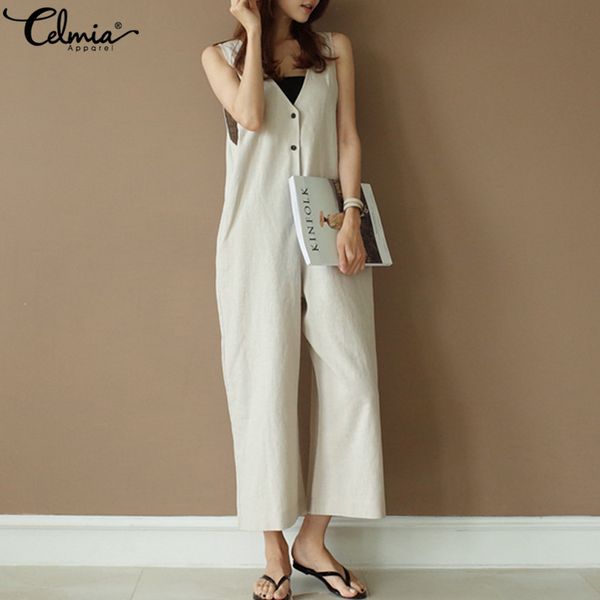 celmia 2020 chic women overalls sleeveless casual button solid cotton linen jumpsuits long trouser with pockets plus size romper, Black;white
celmia 2020 chic women overalls sleeveless casual button solid cotton linen jumpsuits long trouser with pockets plus size romper, Black;white
