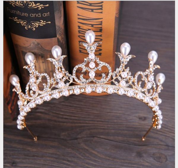 new crystal pearl bride crown elegant noble korean crown headband ornaments, Slivery;golden