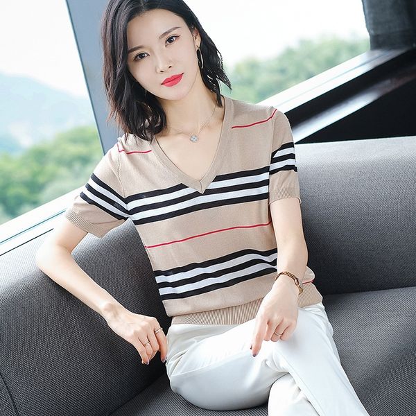 striped contrast color short-sleeved t-shirt women's 2020 pullover knitted short loose v-neck pullover t-shirt, White
striped contrast color short-sleeved t-shirt women's 2020 pullover knitted short loose v-neck pullover t-shirt, White